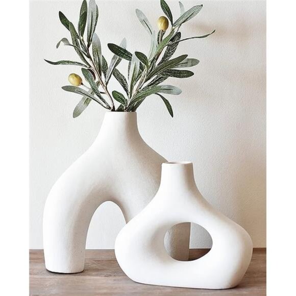 Vase Set of 2 - Minimalist Nordic, White Ceramic Hollow - Picture 8 of 8